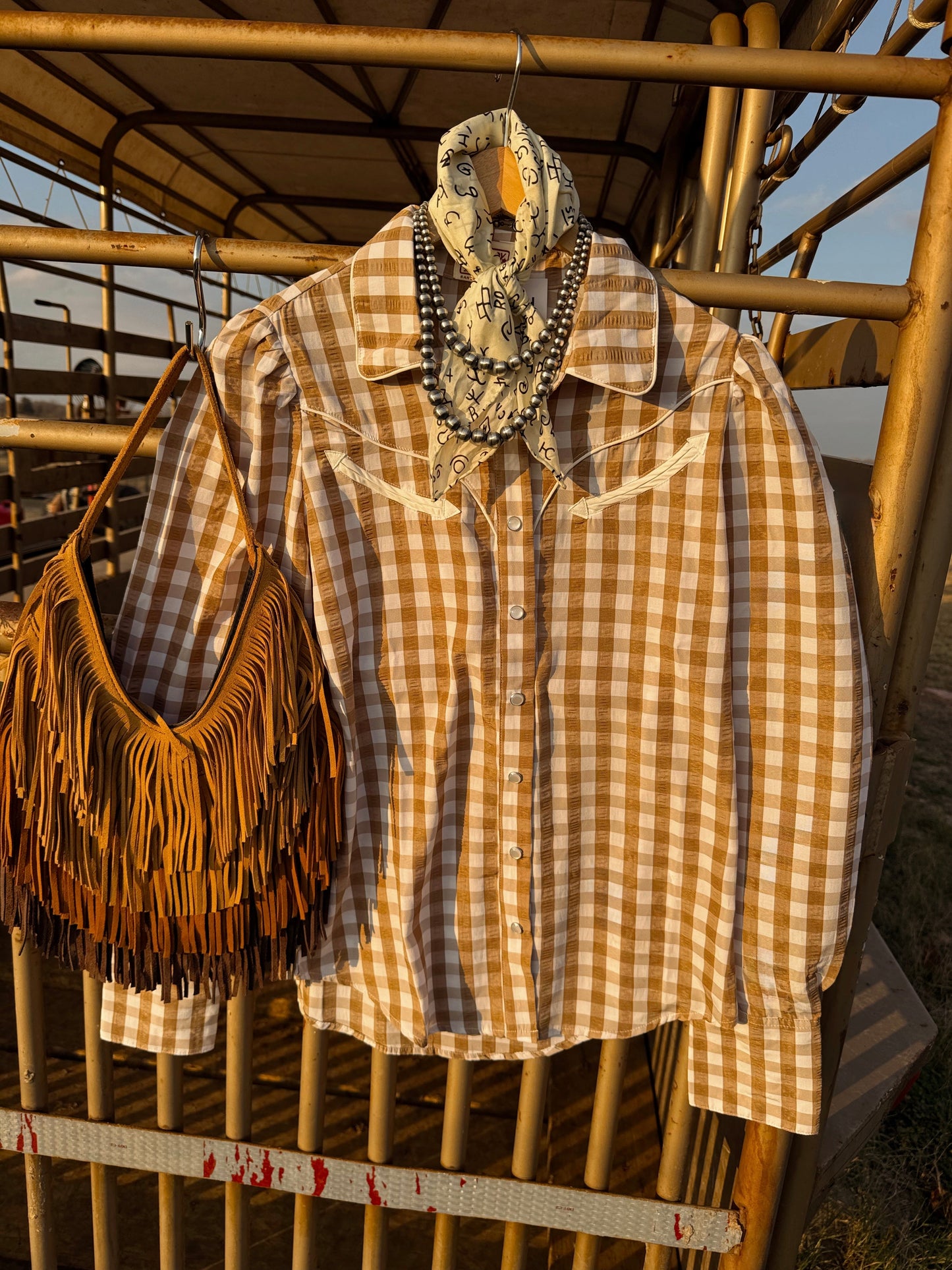 The Tan Gingham Pearl Snap Top- Extra Large