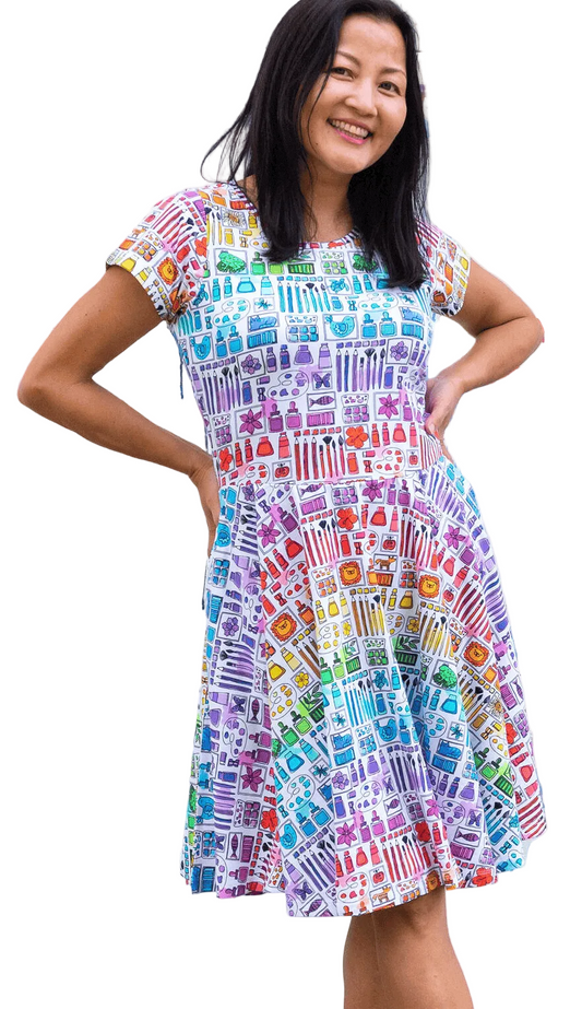 Adult "Smarty Paints" Rainbow Art Supplies Super Twirler Dress with Pockets
