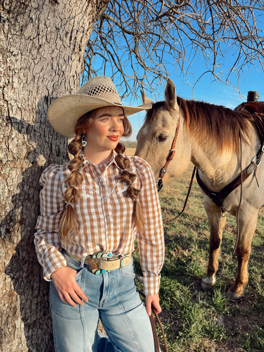 The Tan Gingham Pearl Snap Top- Extra Large
